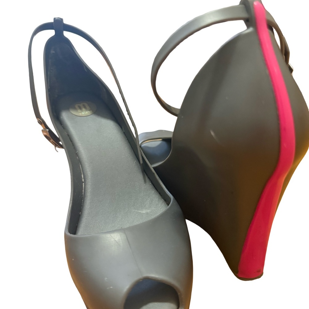 Gray and Pink Peep-Toe Heels